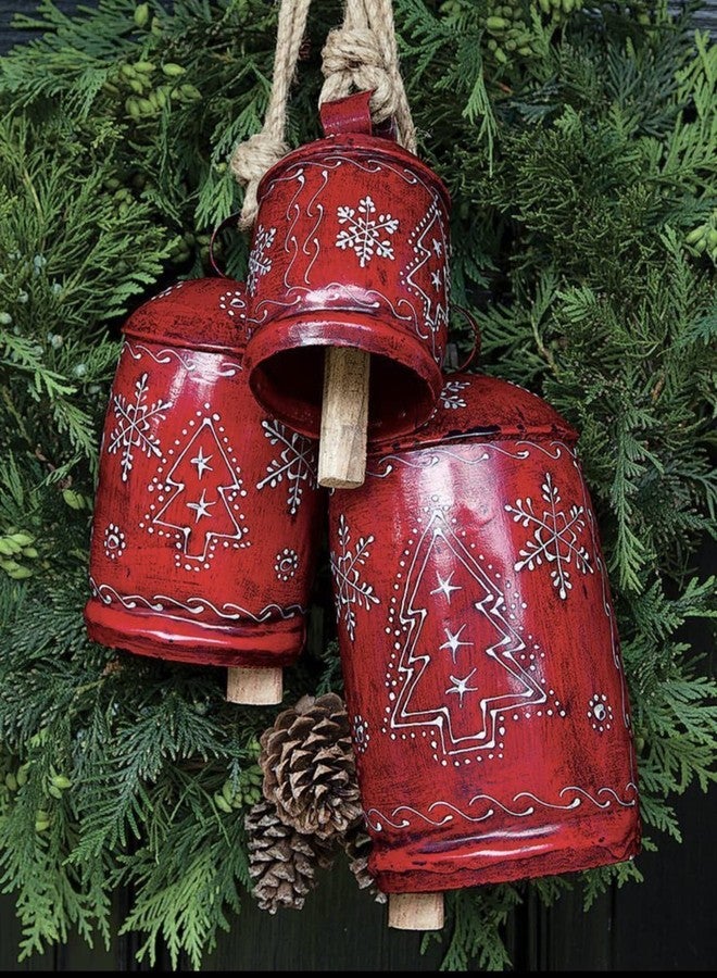 THOR INSTRUMENTS أجراس كبيرة مجلفنة لتزيين عيد الميلاد، أجراس حمراء ريفية، زينة عيد الميلاد للمنزل، مجموعة من 3 زينة عيد الميلاد، شجرة حمراء، ديكور ريفي، زينة عيد الميلاد كبيرة، جرس معلق مصنوع يدويًا - Image 1